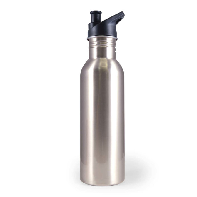 A drink bottle with a sleek stainless steel design and a black flip-top spout.