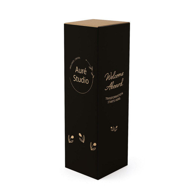 A drink bottle with a sleek design in black, featuring subtle leaf motifs and a logo. Compact and modern in appearance.