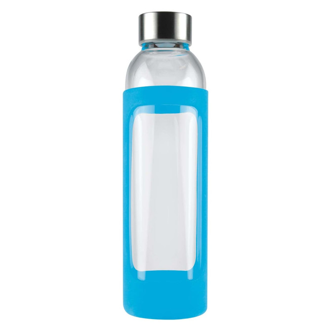 A drink bottle with a clear glass body and a bright blue silicone sleeve, featuring a metallic cap and logo.