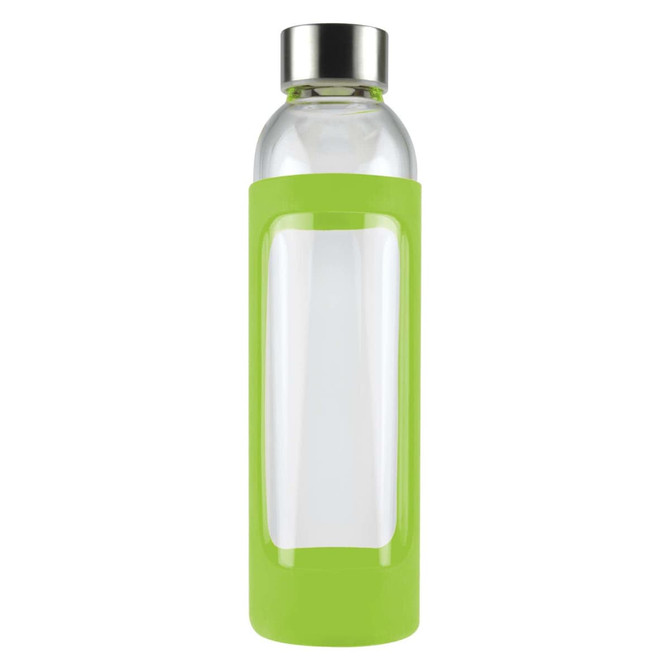 A drink bottle with a transparent glass body and a bright green silicone sleeve, featuring a metal cap.