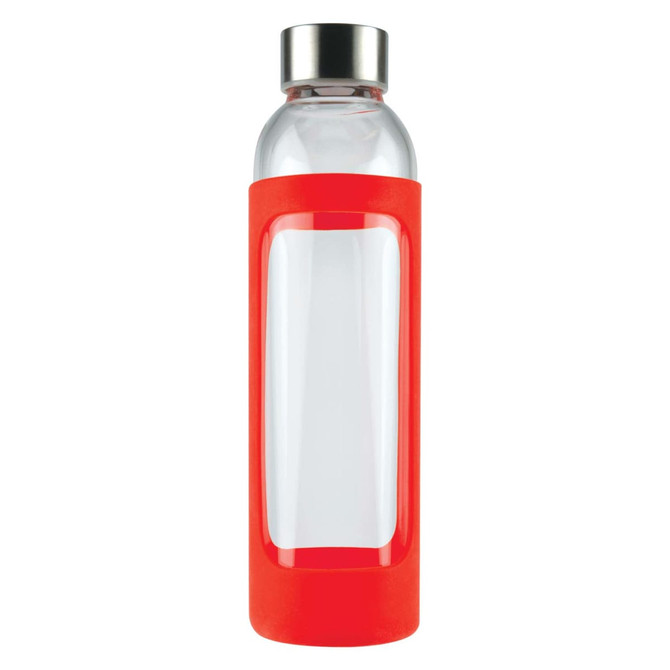 A drink bottle with a transparent glass body and a bright red silicone sleeve, topped with a stainless steel cap.