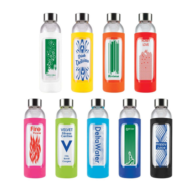 A drink bottle collection featuring various colours, silicone sleeves, and unique designs, with silver caps and branding.