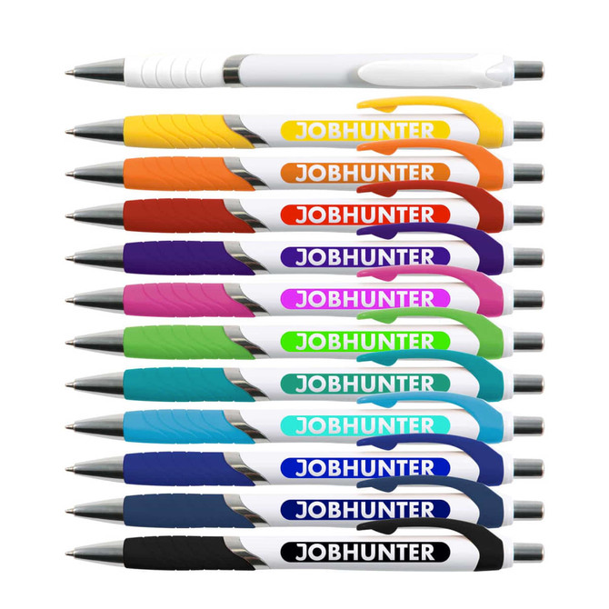 A collection of pens in various colors including white, orange, purple, and blue, featuring a logo on each.