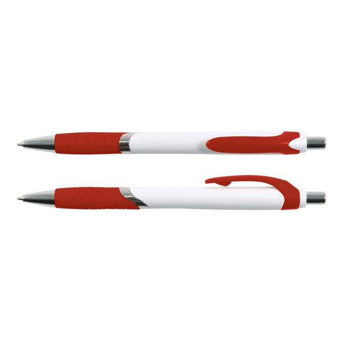 A red and white pen with a smooth barrel and grip, featuring a chrome clip and tip. Branding visible.
