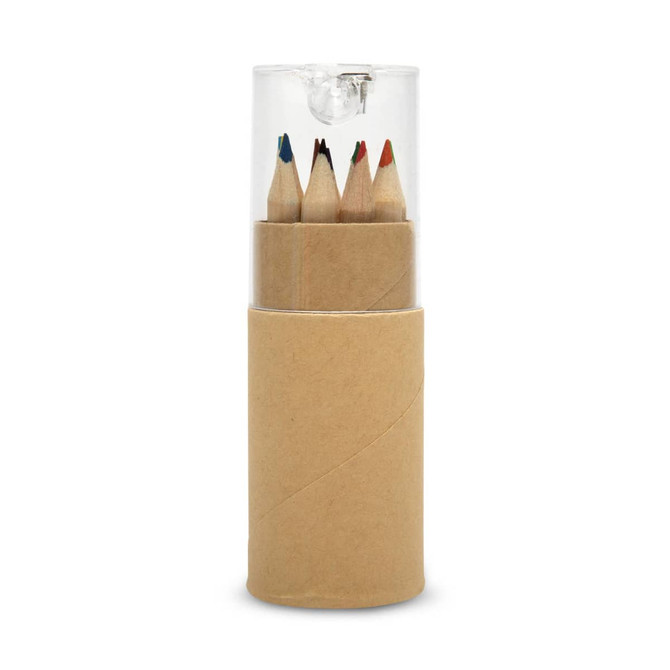 A cylindrical tube containing colored pencils, featuring red, blue, and natural wooden colors. It has a transparent cap.