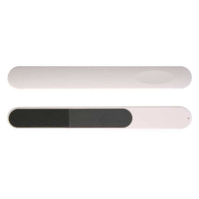 A nail file with a smooth surface and a contrasting grit side, presented in a sleek, minimalistic design.