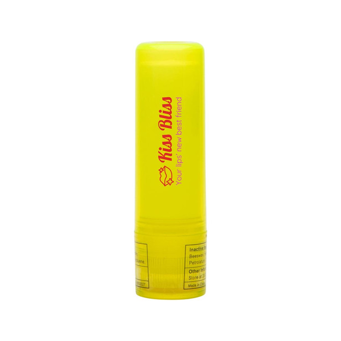 A lip balm stick in a bright yellow container labeled "Kiss Bliss" with the tagline "Your lips' new best friend."