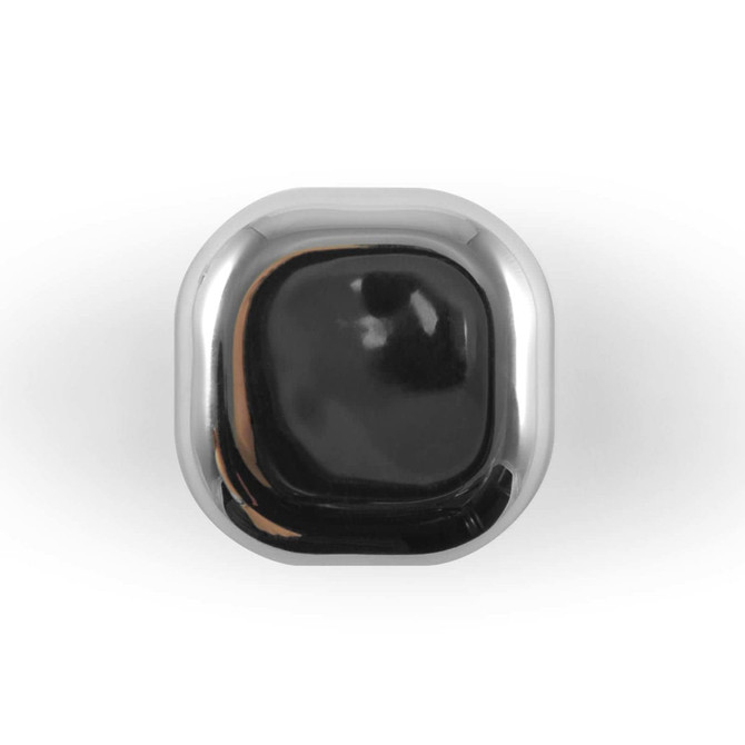 A cube-shaped lip balm with a glossy black surface and rounded corners, designed for health and personal care.