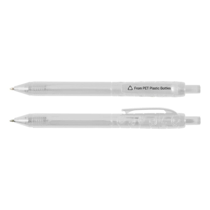 A clear plastic pen named Raptor RPET Pen, made from recycled PET plastic bottles, displayed in two angles.