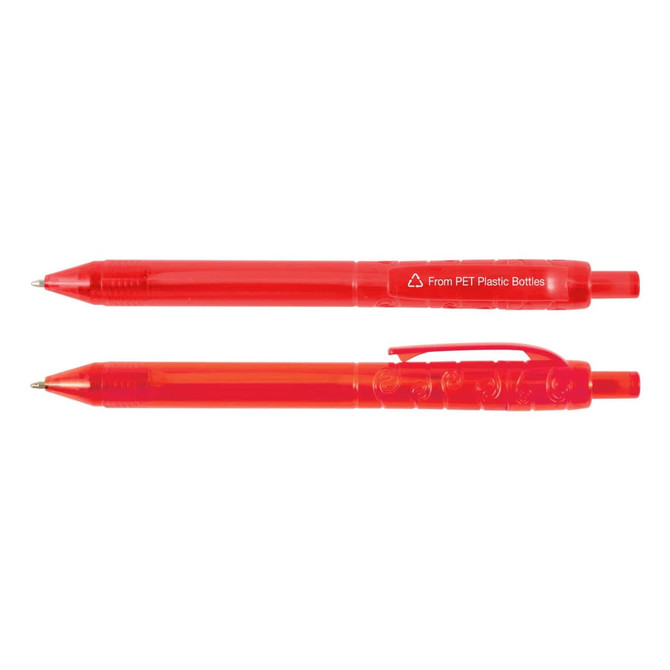 Two red plastic pens, featuring a transparent design and a logo, packaged together.