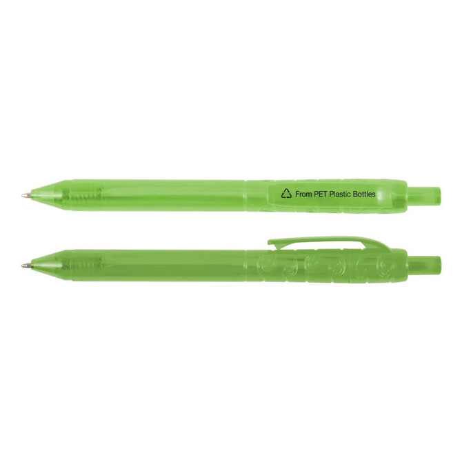A green pen made from recycled PET plastic bottles, featuring a clip and transparent design, with branding on the barrel.