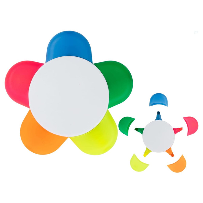 A flower-shaped highlighter set featuring pink, blue, green, yellow, and orange sections with a central white base.