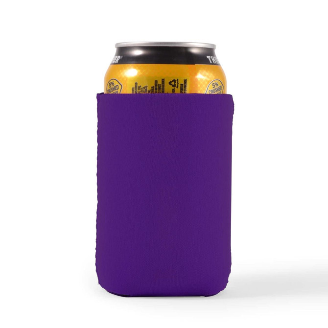 A drink can is nestled in a purple stubby cooler, designed to keep beverages cold.