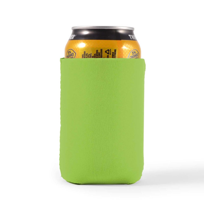 A drink bottle cooler in vibrant green, holding a can of orange beverage inside. The cooler has a logo.