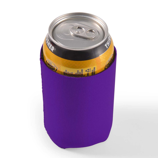 A drink can is nestled inside a vibrant purple stubby cooler, designed to keep beverages cold.