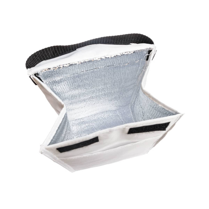 A white Sumo Cooler Lunch Bag interior with a silver insulated lining and black strap, featuring a logo.