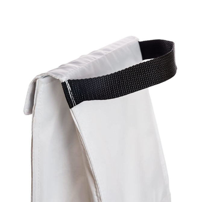A white cooler lunch bag with a black handle at the top. The bag features a branding logo.