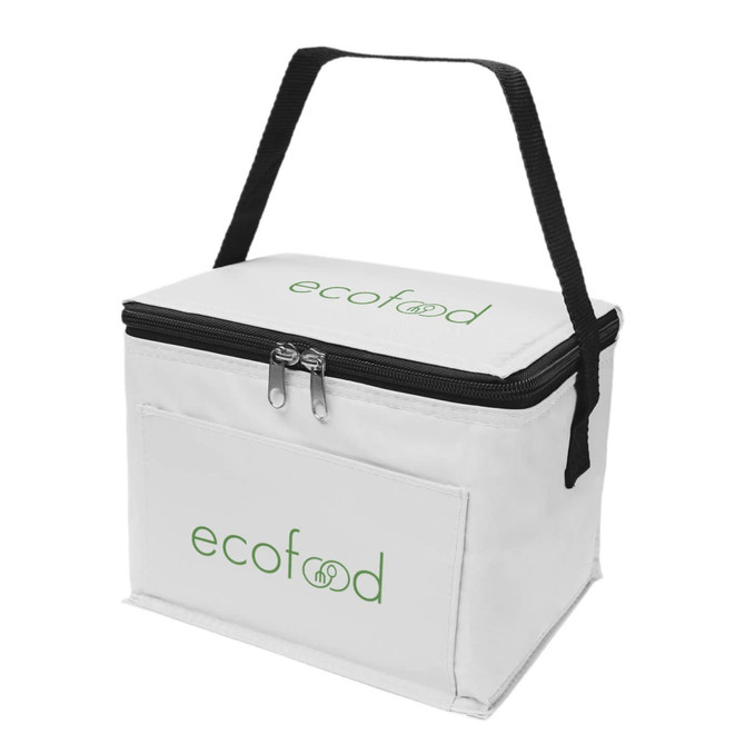 A white cooler bag with a black handle, featuring a logo on the front and a zippered closure.