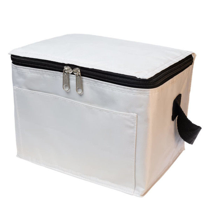 A white cooler bag with a zippered closure and a side handle. It features a front pocket and has a logo.