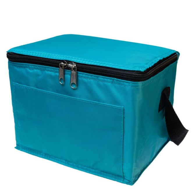 A teal cooler bag with a zippered top and a side handle, featuring a front pocket and a logo.