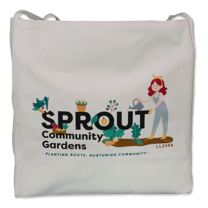 A cream-colored tote bag featuring a design of a character gardening with plants and a logo.