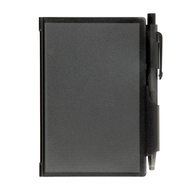 A black pocket notebook with a pen attached, featuring a sleek design, suitable for office or business use.