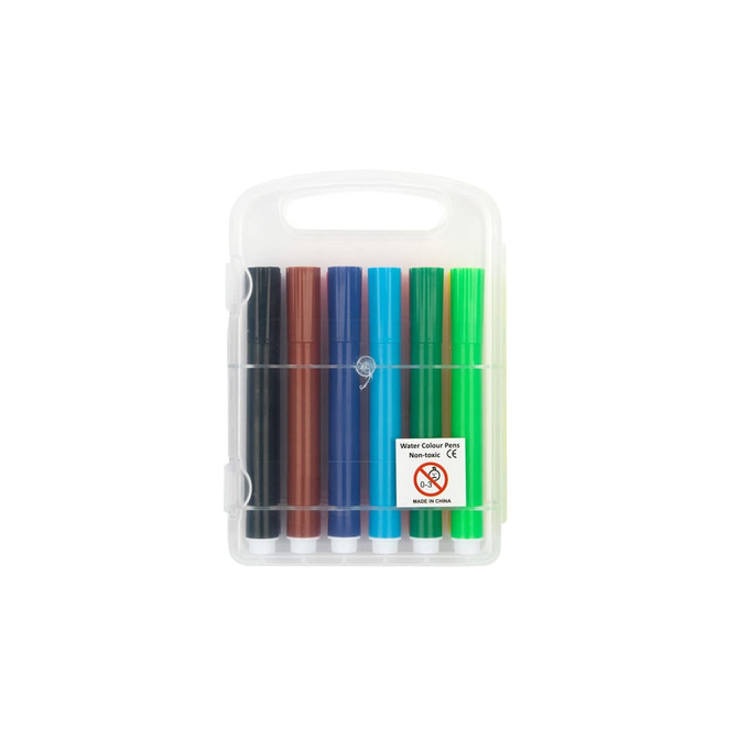 A set of felt tip pens in black, brown, blue, green, and teal, packaged in a clear plastic case with a logo.
