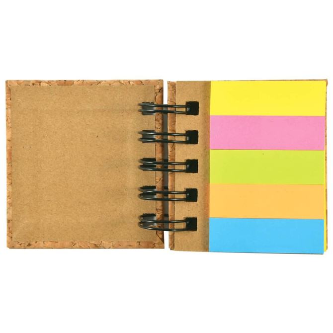 A cork-bound sticky note pad with colorful notes in pink, yellow, and blue. It features a metal binding.