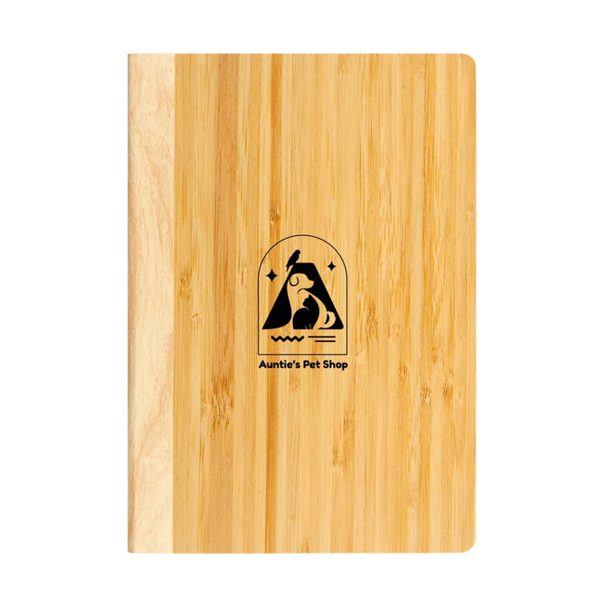 A bamboo notebook featuring a wooden cover and a logo on the front. It's sleek and eco-friendly in design.