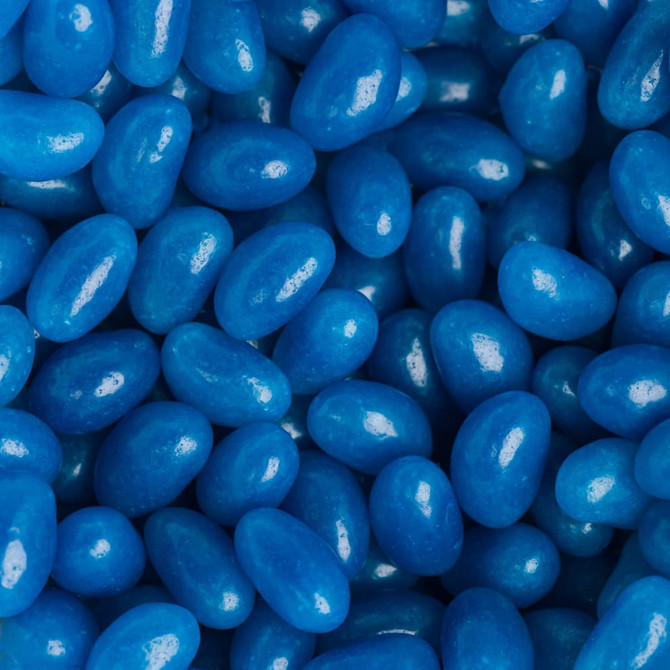 A close-up of vibrant blue jelly beans, featuring a glossy finish and various oval shapes.