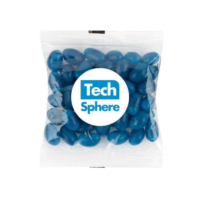 A 50-gram cello bag filled with blue jelly beans, featuring a circular label with the text "Tech Sphere."