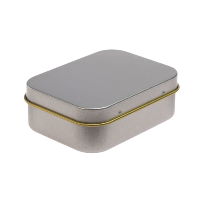 A silver rectangular tin with a smooth surface and a yellow rim, designed for pen packaging.