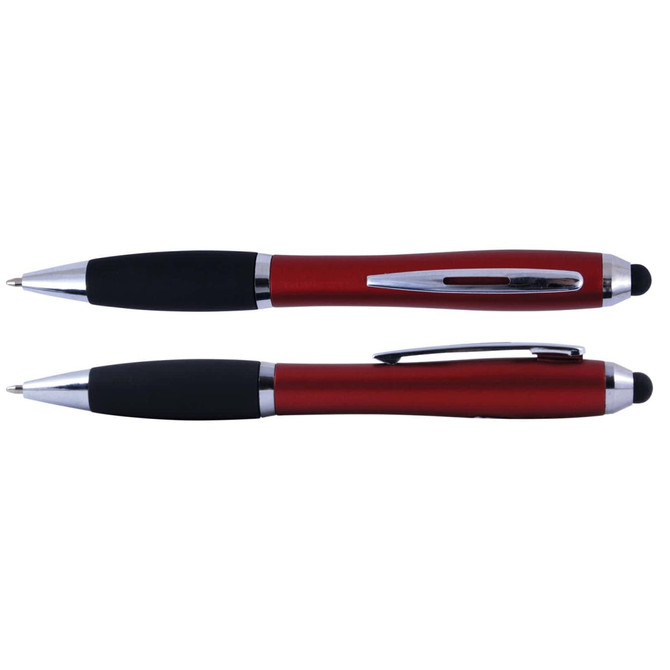A red and black pen and stylus combo featuring chrome accents and a smooth grip. Includes a logo.