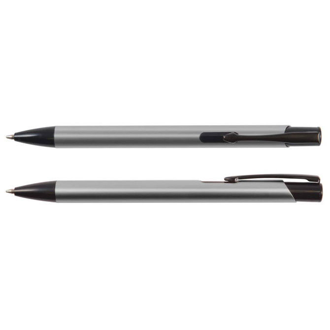 A black edition metal pen displayed from multiple angles, featuring a sleek silver barrel and a black tip and clip.