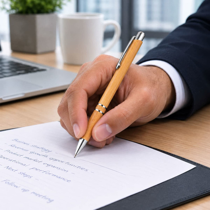 A bamboo pen held by a hand, writing on a notepad, with a laptop and coffee cup in the background.