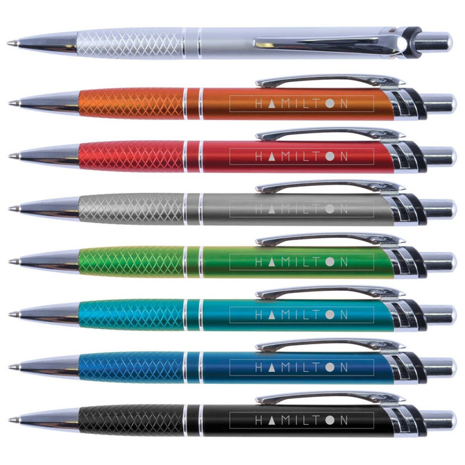 A collection of Hamilton metal pens in various colors: silver, red, orange, gray, green, blue, and black. Each pen features a logo.