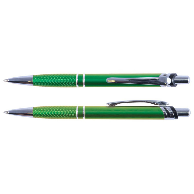 A green metal pen with a textured grip and silver accents, featuring a clip for attachment.