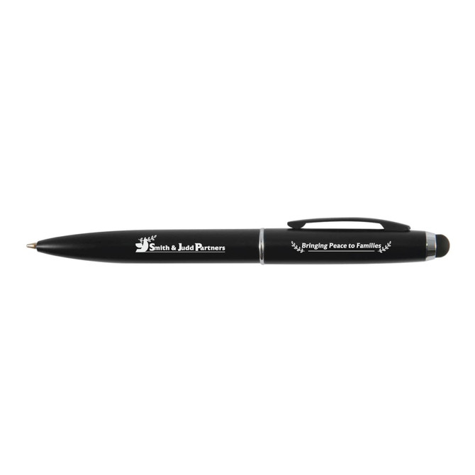A metal pen in black with a clip and a stylus tip, featuring branding on the side.