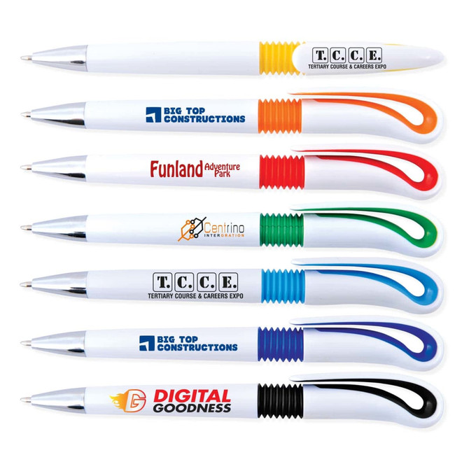 Several plastic pens in white with colorful grips, featuring various logos and branding on each pen.