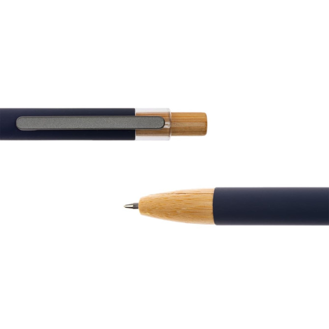 A Serenity Aluminium Pen featuring a sleek metal body with a bamboo accent and a smooth writing tip.