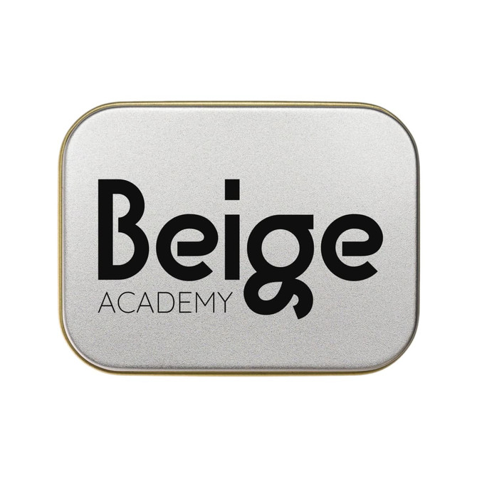 A silver rectangular tin containing assorted colorful mini jelly beans. The tin features a logo.