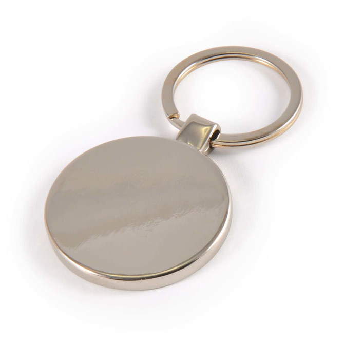 A circular zinc keytag with a shiny metallic finish and a metal keyring attached.