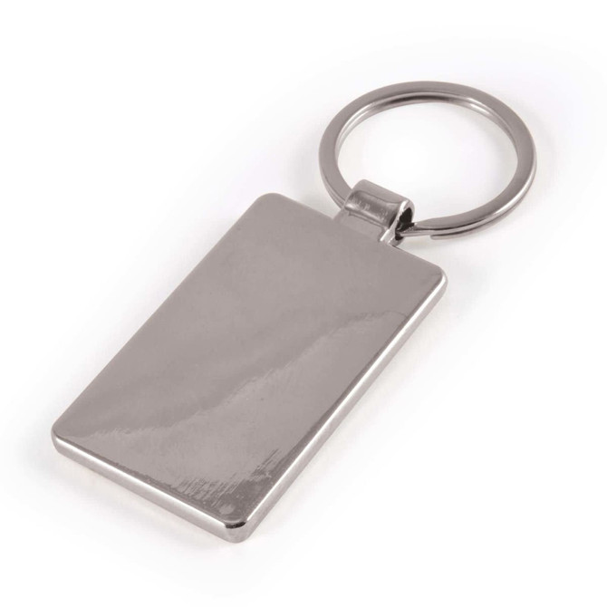 A rectangle-shaped zinc keytag with a shiny finish, attached to a circular keyring.