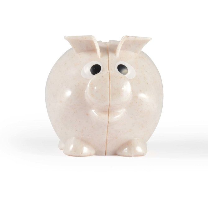 A cute, small pig-shaped eco-friendly coin bank with a smiling face and a rounded body, designed for saving money.