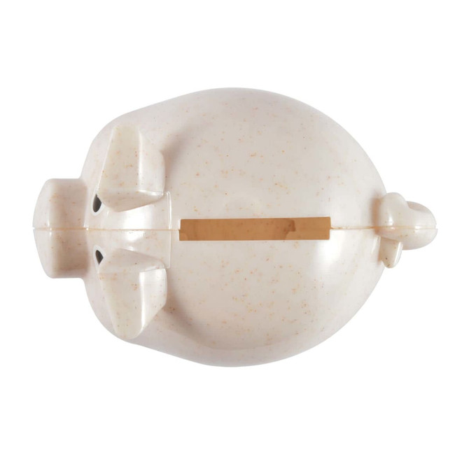A small, eco-friendly pig-shaped coin bank with a light speckled finish and a slot for coins.