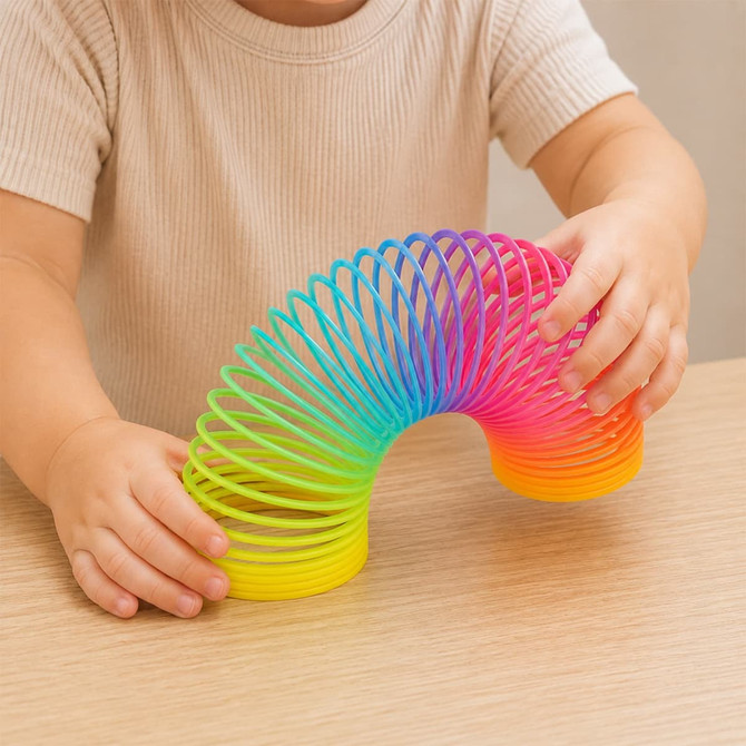 A rainbow-coloured spring toy with vibrant hues, being held by a child’s hands on a wooden surface.