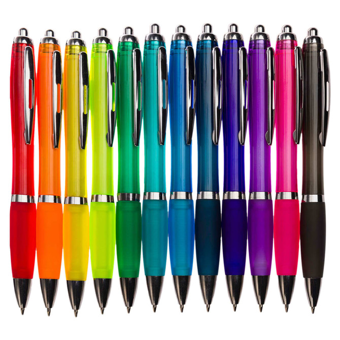 A set of plastic pens in various colors, including orange, yellow, green, blue, and purple, all with silver accents.