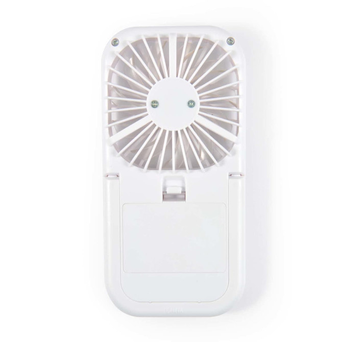 A portable Sirocco Fan in white, featuring a compact design with a circular fan grill and a foldable stand.