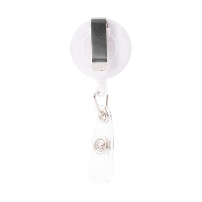 A retractable name badge holder with a clip on the back and a clear plastic strap for attaching badges.