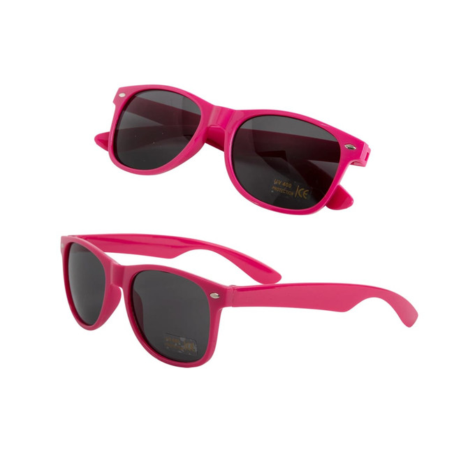 Bright pink sunglasses with dark lenses and a stylish frame, featuring a logo on the side.